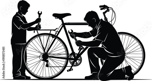 Two People Repairing a Black Bicycle with Wrenches in a Silhouette Style tools