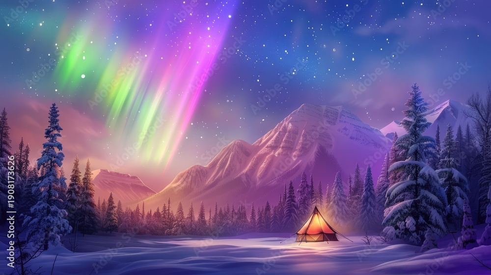 Fototapeta premium Spectacular Northern Lights Over Snowy Landscape with Tent and Forest in Serene Winter Night