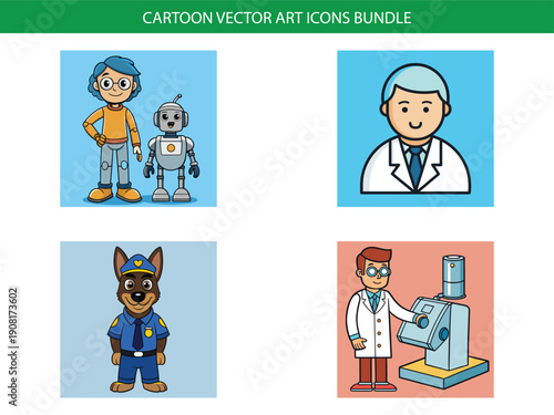 Wallpaper Mural Cartoon vector art icon bundle featuring children, robot, scientist, and cat Torontodigital.ca