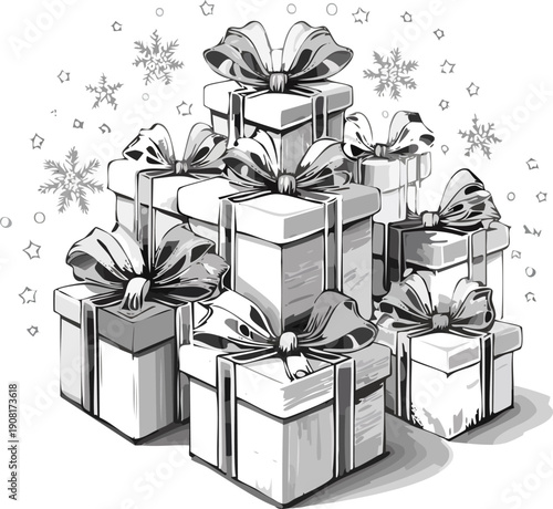 Large Stack of Monochromatic Christmas Gift Boxes with Bows and Snowflakes on a Grayscale Background