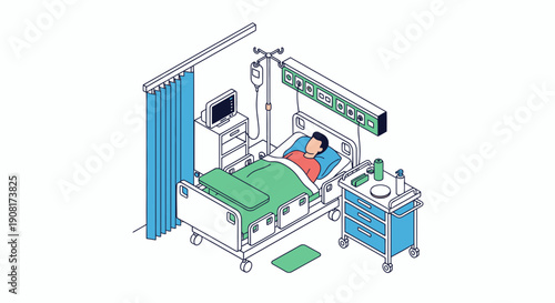 Hospital room with patient lying on bed surrounded by medical equipment.