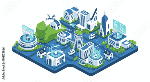 Isometric cityscape with modern buildings and technology infrastructure.