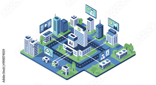 Isometric cityscape with modern buildings and transportation infrastructure.