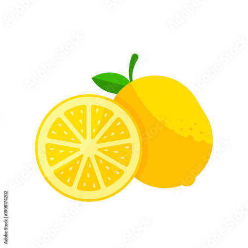 Lemon with slice and leaf, vector illustration