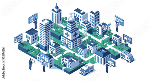 Isometric cityscape with buildings and green spaces.
