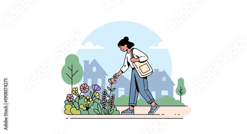 Woman Gardening, Picking Flowers in Suburban Neighborhood