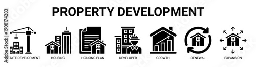 Property Development web banner icon vector illustration concept with icon of estate development, housing, housing plan, developer, property growth, renewal, and expansion.