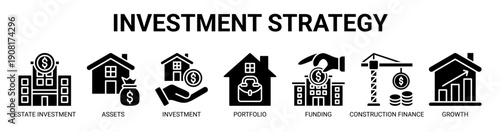 Investment Strategy web banner icon vector illustration concept with icon of estate investment, assets, property investment, portfolio, funding, construction finance, and growth.