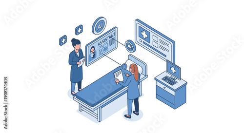 Medical professionals examining patient records on digital screens in a hospital setting.