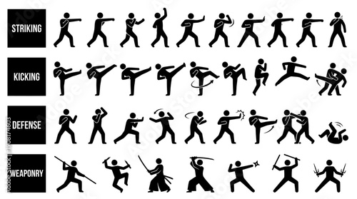 Martial arts combat vector icon collection. Includes striking, kicking, defense, and weaponry actions. Created in black silhouette style with white background.