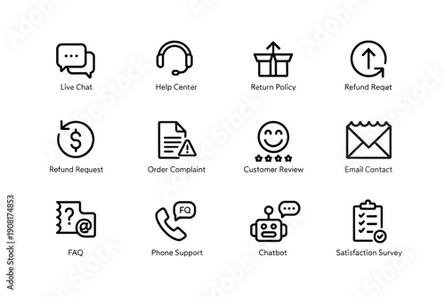 Collection of customer service icons including chat support and refund options