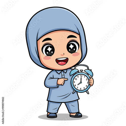 A young girl in hijab holding an alarm clock during Ramadhan, standing and pointing at the time