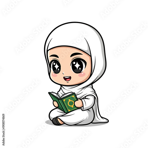 A young girl in white hijab reading Quran during Ramadhan, serene illustration