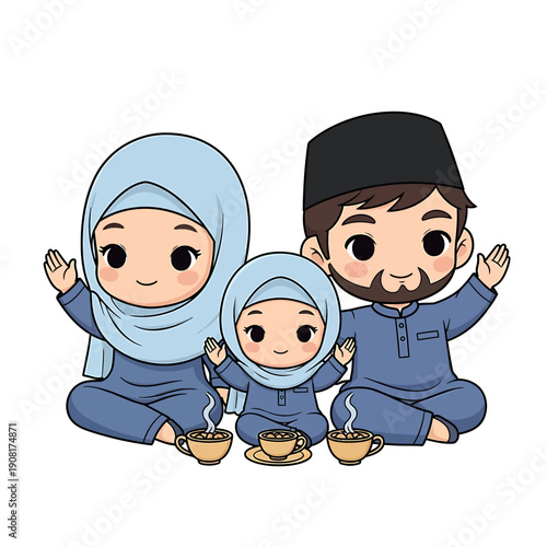 A cartoon family in blue attire celebrating Ramadhan together with tea and traditional clothing
