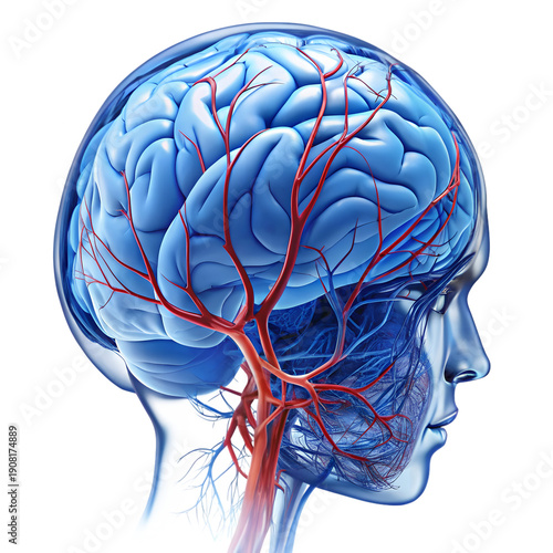 Anatomical illustration of the human brain with a focus on its intricate network of blood vessels and arteries