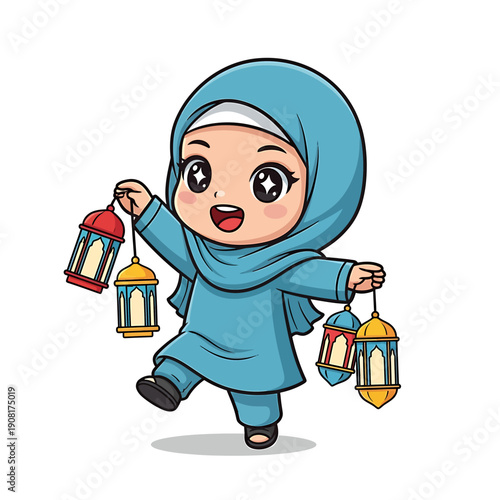 A young girl in hijab celebrating Ramadhan with lanterns in a joyful stride