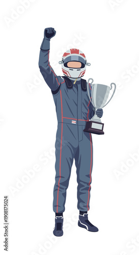 Racing Champion Victorious Driver in Full Gear Holds Trophy High in Celebration of Motorsport Victory