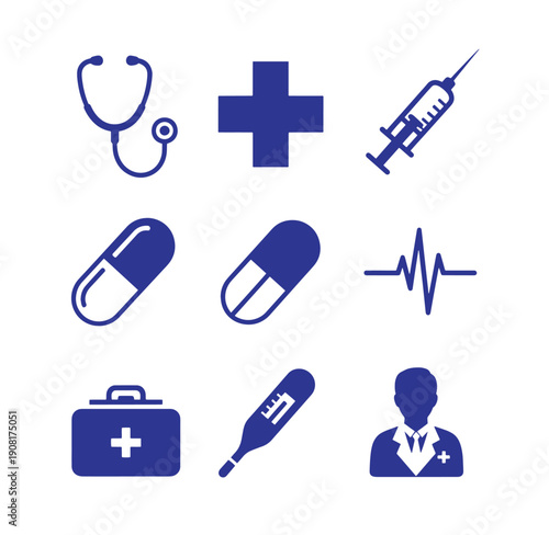 Medical icons set including stethoscope syringe pills and doctor isolated on white background