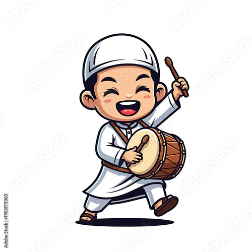 A young boy enthusiastically playing a drum during Ramadhan celebrations in a lively street festival atmosphere