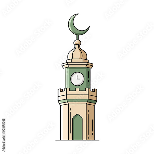 An illustration of a mosque tower with a crescent moon on top, standing alone, viewed from the front