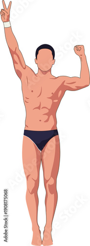 Muscular Man Celebrating Victory with Peace Sign and Fist Pump