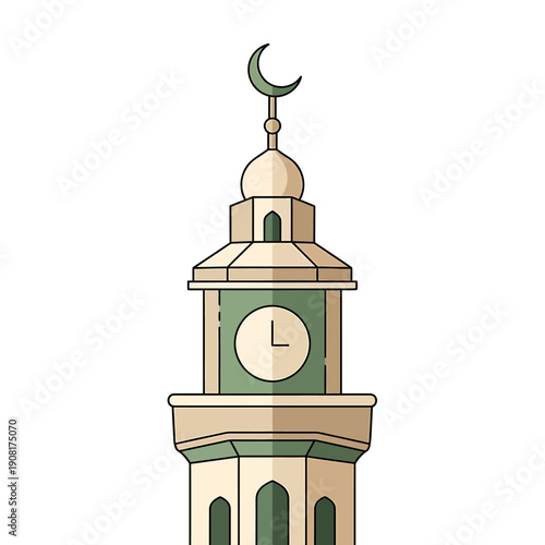 A serene illustration of a mosque tower with a clock and crescent moon, showcasing architectural beauty from a low angle