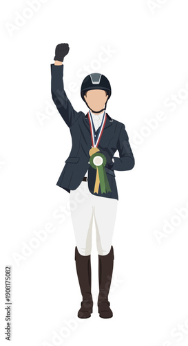 Equestrian Rider Victorious with Trophy and Medals Celebrating Horse Show Championship Win