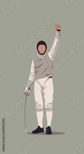 Fencer Celebrating Victory with Raised Fist and Sword Minimalist Vector Art