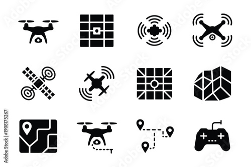 Black drone icons depicting aerial views controls and navigation systems