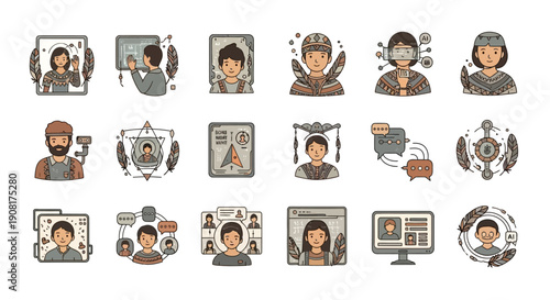 Collection of diverse icons depicting people engaged with technology, creativity, and digital communication, featuring cultural motifs.