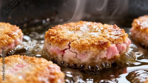 Breaded fish patties frying in pan close-up