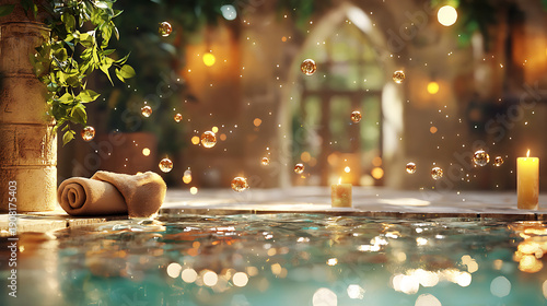 Serene spa interior featuring soft towels, relaxing candles, and floating bubbles creates tranquil atmosphere for rejuvenation