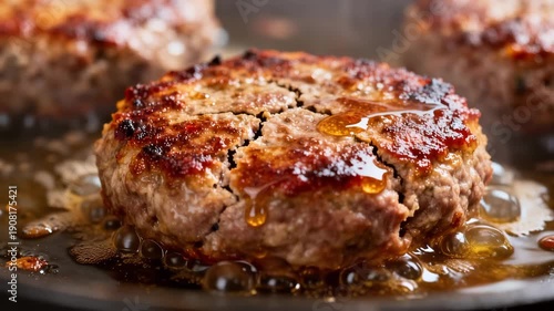 Juicy fried beef patties sizzling in pan close-up