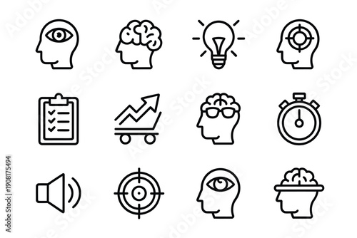 Line art icons depicting concepts of thought ideas and productivity