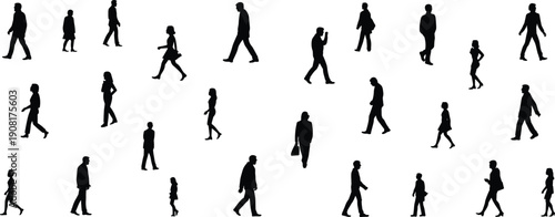 Walking people silhouette set showing men women and children in motion isolated on white background for urban lifestyle design