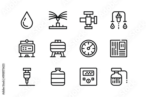 Line art icons depicting various industrial water and fluid control elements