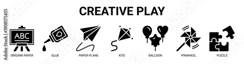 Creative Play web banner icon vector illustration concept with icon of origami paper, glue, paper plane, kite, balloon, pinwheel, and puzzle.