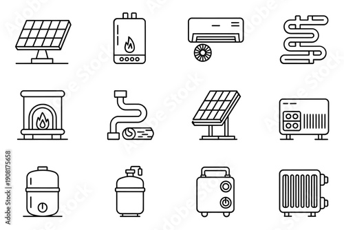 Line art icons depicting various heating and energy systems