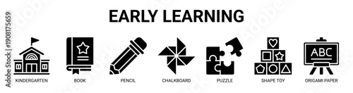 Early Learning web banner icon vector illustration concept with icon of kindergarten, book, pencil, chalkboard, puzzle, shape toy, and origami paper.