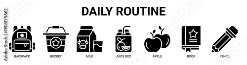 Daily Routine web banner icon vector illustration concept with icon of backpack, bucket, milk, juice box, apple, book, and pencil.