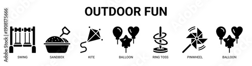 Outdoor Fun web banner icon vector illustration concept with icon of swing, sandbox, kite, balloon, ring toss, and pinwheel.