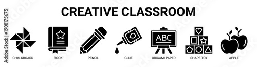 Creative Classroom web banner icon vector illustration concept with icon of chalkboard, book, pencil, glue, origami paper, shape toy, and apple.