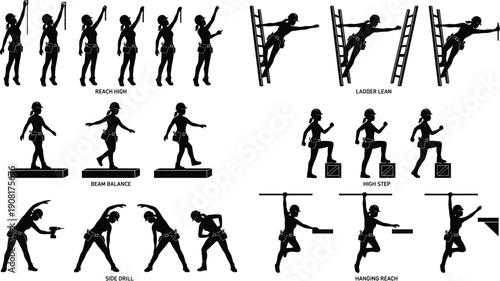 Black silhouette set of construction workers with ladder, drill, jackhammer and pushing wheelbarrow, vector pictogram icons for safety sign or instruction poster, Isolated on white background