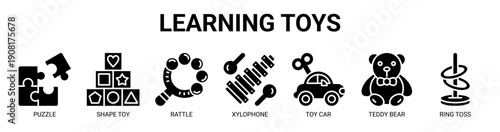 Learning Toys web banner icon vector illustration concept with icon of puzzle, shape toy, rattle, xylophone, toy car, teddy bear, and ring toss.