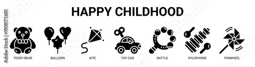 Happy Childhood web banner icon vector illustration concept with icon of teddy bear, balloon, kite, toy car, rattle, xylophone, and pinwheel. 