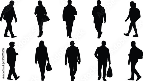 Walking people silhouettes in different poses representing commuters, urban lifestyle, daily movement, pedestrians, travel, and modern city life concept on white background