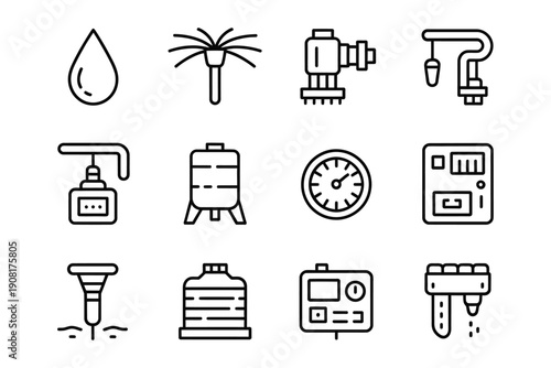 Collection of simple line icons representing various industrial and natural elements