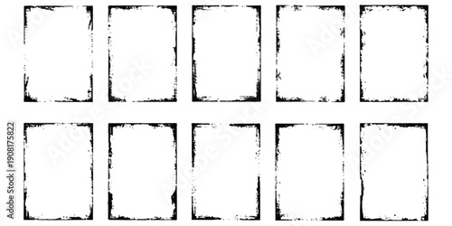 A collection of ten rectangular frames featuring a rough, grunge, and vintage distressed border effect for graphic design.
