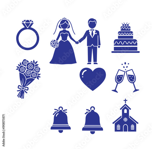 Wedding icons including bride groom cake champagne and church  romantic marriage symbols