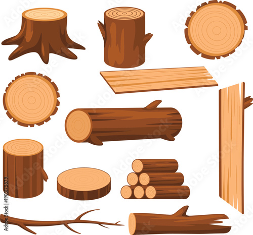 Wood log stump and plank illustration set with tree slices branches timber elements natural forest materials isolated on white background